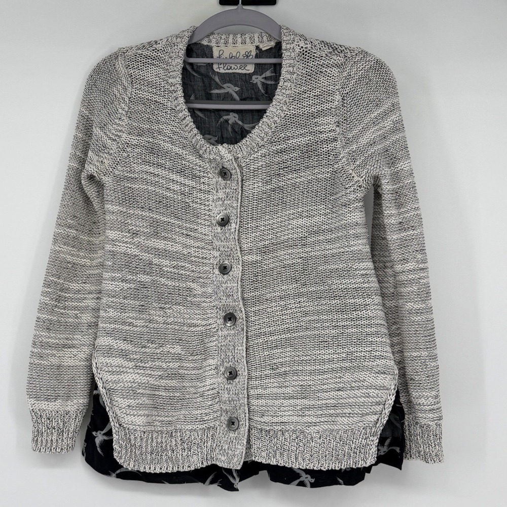 Field Flower Anthropologie Bird Print Mixed Media Cardigan Sweater Gray Small
